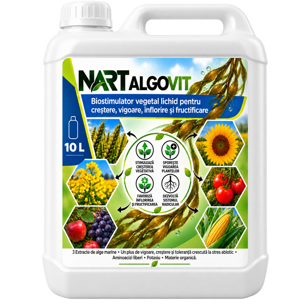 NART ALGOVIT – biostimulator vegetal lichid, bidon de 10 L cu etichetă verde și albastră, ilustrată cu plante și culturi agricole